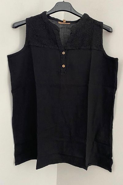 AYASOFYA OTANTIK Women's Black Buttoned V-Neck Ethnic Patterned 100% Cotton Tank Top