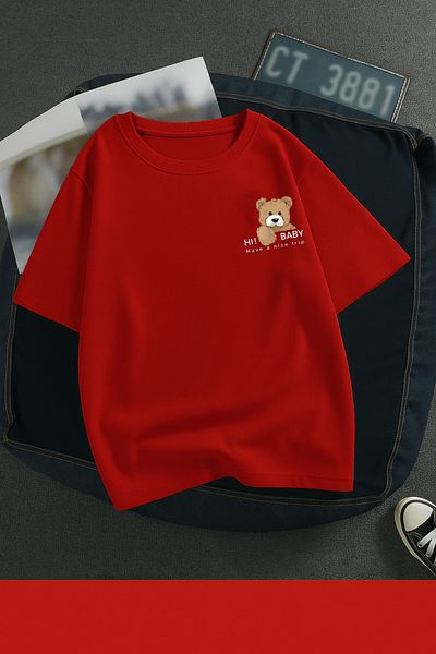 Boi Teddy Bear Pocket Detailed Oversize Loose Cut Loose T-Shirt - Black and White Short Sleeve Crew Neck Colorful