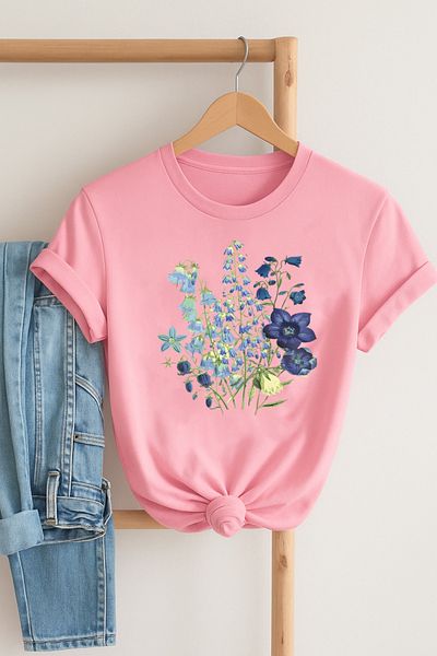 Boi Unisex Purple Floral Pattern Printed Oversize Loose Cut T-Shirt-Straight Cut Black and White Combed Cotton T-Shirt