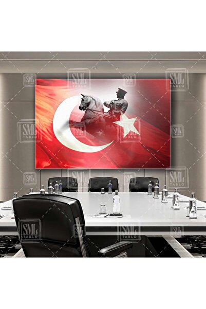 SML TABLO Atın Üzerinde Atatürk Heykeli Makam Arkası Bayraklı Yatay Kanvas Tablo