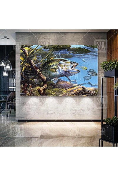 SML TABLO Oltaya Takılan Büyük Balık Göl Yaşamı Hobi Balıkçılık Sualtı Yatay ...