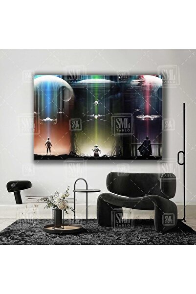 SML TABLO Star Wars Üçlemesi Savaş Gemileri Gezegenler Yoda Han Solo Darth Wader Yatay Kanvas Tablo
