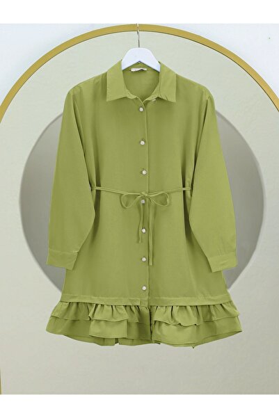 HİJABAYA Buttoned Poplin Shirt Tunic with Tiered Ruffles at Hem