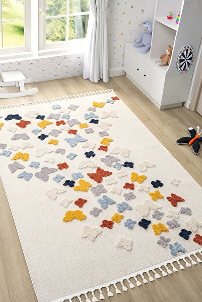 Eliz Home Yumuşak Renkli Bukleli Kelebek Figürlü Dokuma Halı Bebek Odası Çocu...