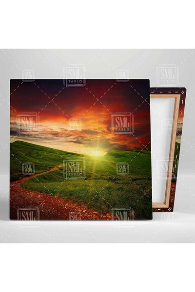 SML TABLO Sunset Green Mountains Landscape Τετράγωνος καμβάς