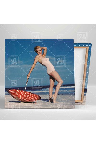 SML TABLO Μαρίνα Μονρό με κόκκινη ομπρέλα Seaside Holiday Beach Γυναικεία Μοντέρνα Τετράγωνη Ζωγραφική σε καμβά