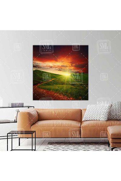 SML TABLO Sunset Green Mountains Landscape Τετράγωνος καμβάς