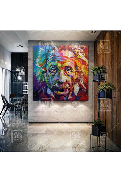 SML TABLO Pictură pe pânză pătrată Albert Einstein cu efect de vopsea în ulei abstractă