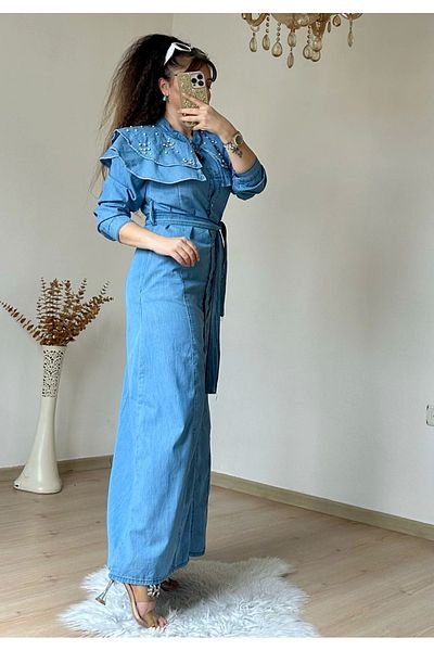 azra moda Rochie de blugi cu guler prințesă Albastru deschis