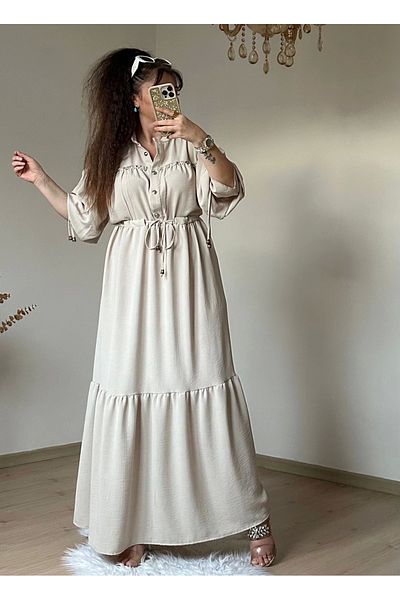 azra moda Μπροστινό Πέτρινο Φόρεμα Μπεζ