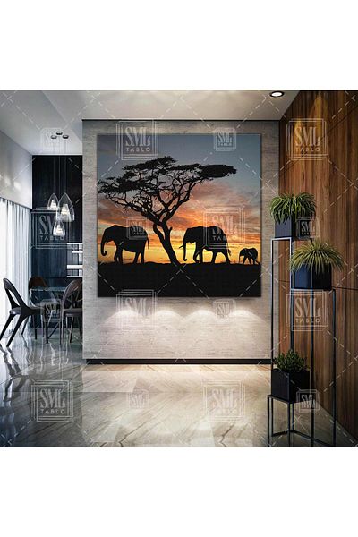 SML TABLO Sunset Walking Elephants Shadow Αφρική Φύση Τοπίο Τετράγωνο Πίνακας ζωγραφικής σε καμβά