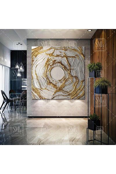 SML TABLO Abstract Art Gold Gold Διακοσμητικό Αφηρημένο Μοντέρνο Λευκό Τετράγωνο Πίνακας σε καμβά