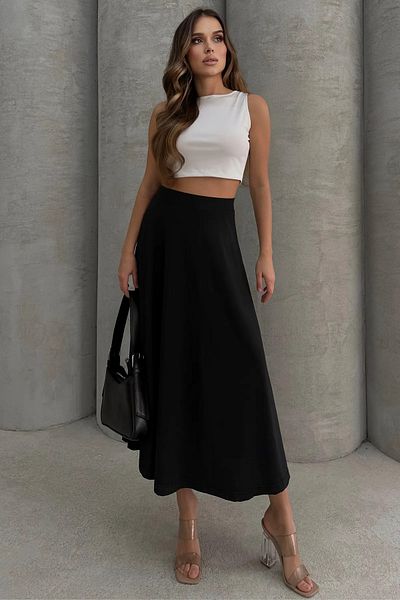 Boi Women's Black White White Basic Scuba Plain Puff Long Skirt-Maxi Plain Cut Puff Skirt