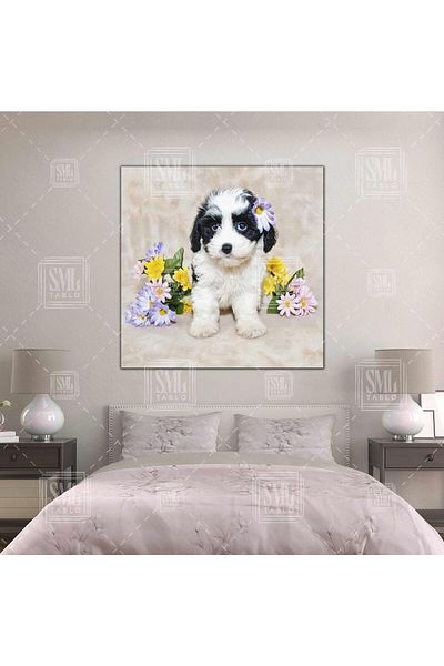 SML TABLO Puppy Dog Flower Φωτογράφος Κοντινό πλάνο Άθωο τετράγωνο ζωγραφική σε καμβά