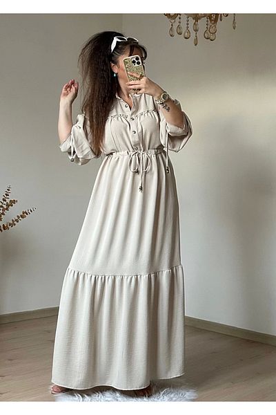 azra moda Μπροστινό Πέτρινο Φόρεμα Μπεζ