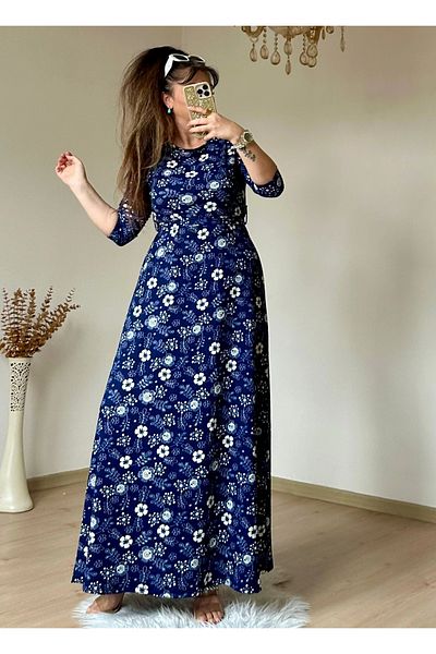 azra moda Ναυτικό μπλε τραγανό φόρεμα με λουλούδια