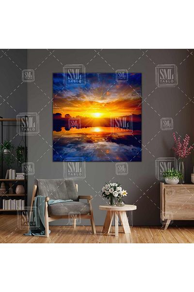 SML TABLO Sunset Seaside Sun Reflection Clouds Τοπίο Τετράγωνο Πίνακας Καμβά