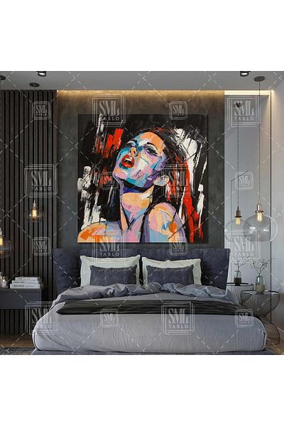 SML TABLO Γυναίκα με κόκκινο κραγιόν Art Abstract Woman Εφέ ελαιογραφίας Τετράγωνος πίνακας σε καμβά