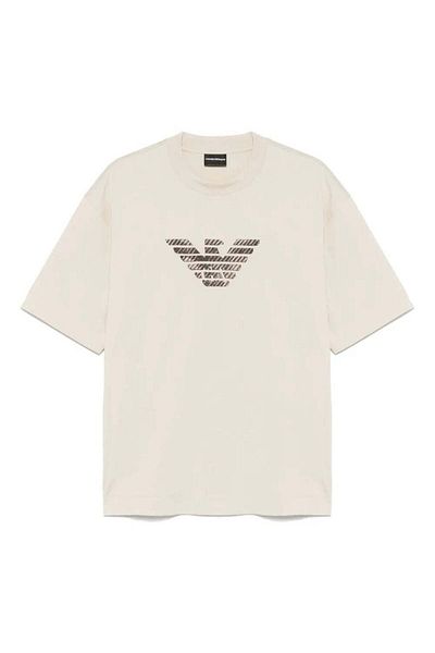 Emporio Armani Men's Oversize Short Sleeve Motif Patterned Beige T-Shirt Em 001026   Af13669-M1054