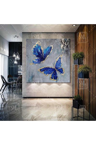 SML TABLO Χρυσό φτερωτό ιπτάμενο μπλε πεταλούδες Animal Nature Decor Τετράγωνος πίνακας σε καμβά