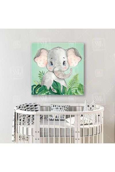 SML TABLO Baby Elephant Tropical Plants Πράσινο φόντο Βρεφικό δωμάτιο Καμβάς Τετράγωνος πίνακας