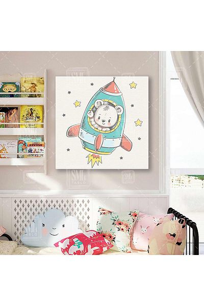SML TABLO Πυραύλωνο Flying Baby Bear Βρεφικό Δωμάτιο Τετράγωνο Πίνακας Καμβά
