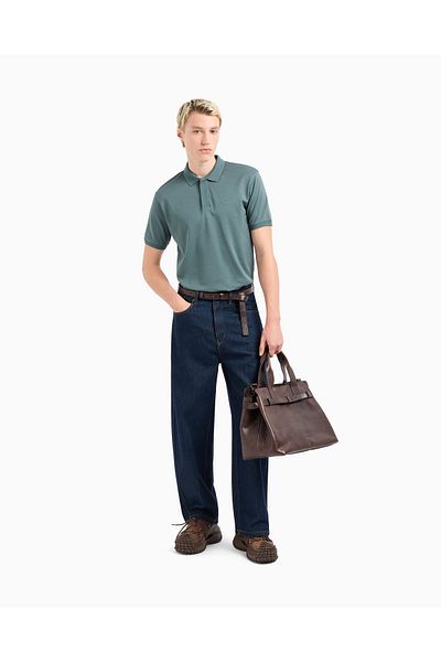 Emporio Armani Tricou pentru bărbați, cu croiala normală, brodat cu vultur, 100% bumbac, cu mânecă scurtă, verde, cu gât polo EM000850 AF12955-U