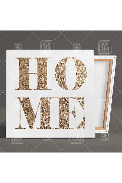 SML TABLO Home Golden Yellow Glitter Love Text Τετράγωνος καμβάς
