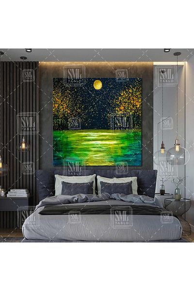 SML TABLO Νυχτερινό Παραθαλάσσιο Σκηνικό Moon Yakamoz Nature Abstract Τετράγωνος πίνακας σε καμβά