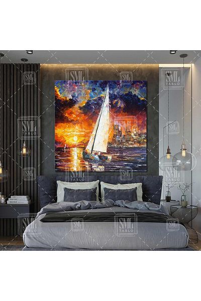 SML TABLO Sunset Sailing Ship Landscape Σανδάλι ελαιογραφία Τετράγωνος καμβάς με εφέ
