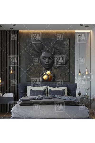 SML TABLO Femeie abstractă care ține un măr de aur Decor șarpe Pictură pătrată pe pânză