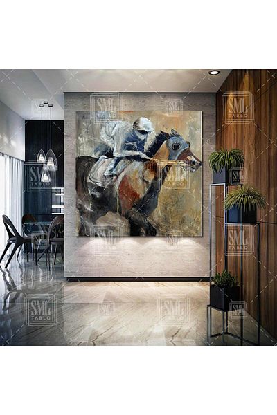 SML TABLO Jockey pe un cal Efect de pictură în ulei Decor de curse de cai Pictură pătrată pe pânză