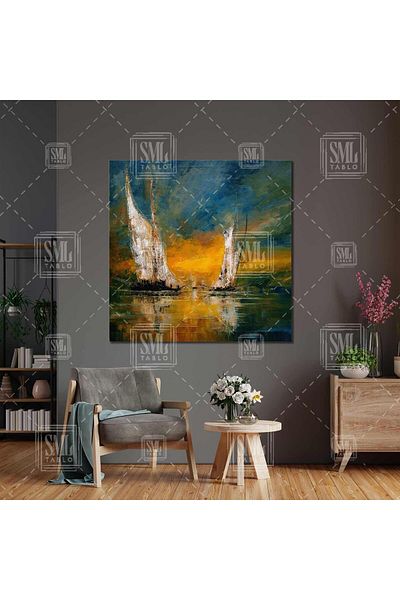 SML TABLO Navă cu pânze albe în mare Păsări zburătoare Natură Peisaj Decor Pătrat Pictură pe pânză