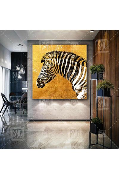 SML TABLO Golden Zebra Animal African Modern Gold Luxury Decor Τετράγωνος πίνακας σε καμβά