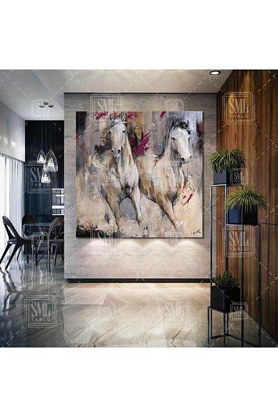 SML TABLO Running White Horses Εφέ ελαιογραφίας Διακόσμηση Nobility Square Canvas Painting