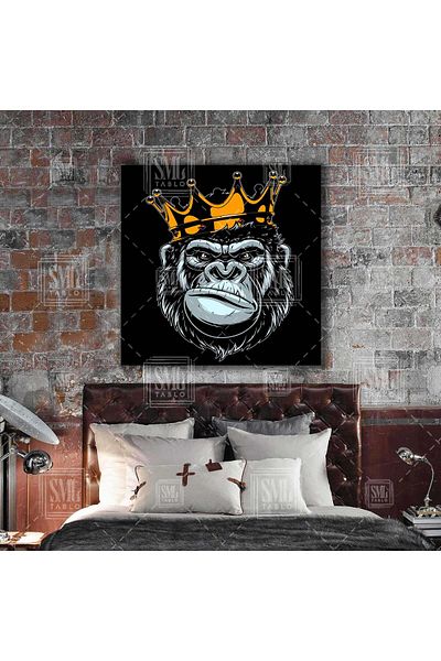 SML TABLO King Gorilla Monkey Animal Art Decor Τετράγωνος πίνακας σε καμβά με χρυσό στέμμα