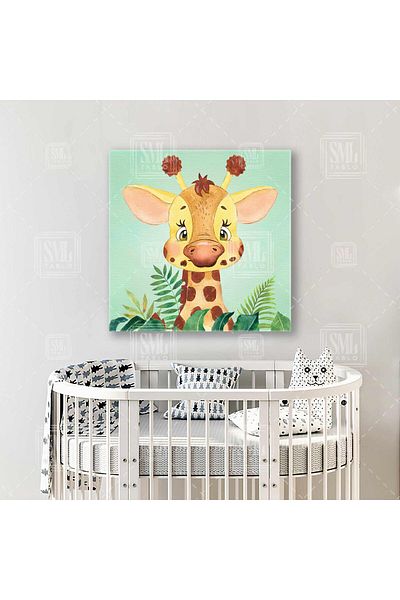 SML TABLO Baby Giraffe Tropical Plants Πράσινο φόντο Βρεφικό δωμάτιο Καμβάς Τετράγωνος πίνακας καμβά
