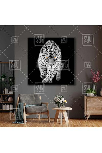 SML TABLO Wild Leopard Nature Animal Μαύρο Λευκό Τετράγωνο Καμβάς