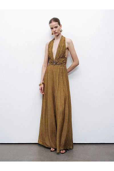 Nocturne Women's Deep V Neck Chest Low-Cut Halter Wide Long Leg Multi-Color Jumpsuit N25Yn12112-Varyan