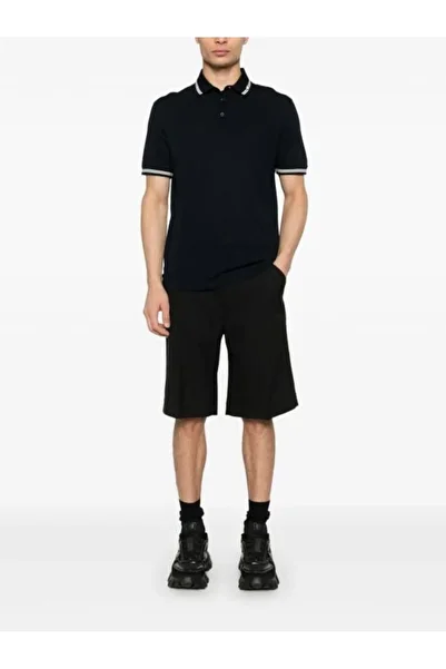 Emporio Armani Men's Polo Neck Short Sleeve Buttoned Neck and Cufflinks Stripe Detail Navy Blue1 Polo Neck T-Shirt Em00