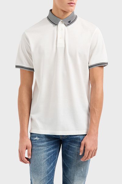Emporio Armani Men's Polo Neck Short Sleeve Buttoned Collar and Cufflinks Stripe Detail White1 Polo Neck T-Shirt Em00085