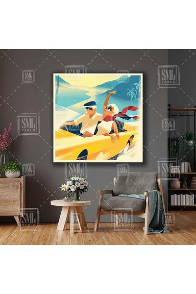 SML TABLO Tropical Island Palms Αντρικό καπέλο και γυναικείο κόκκινο σάλι με κίτρινο αυτοκίνητο Τετράγωνος πίνακας σε καμβά