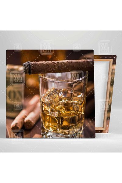 SML TABLO Pictură pe pânză pătrată de dolar de trabucuri pe un pahar de whisky