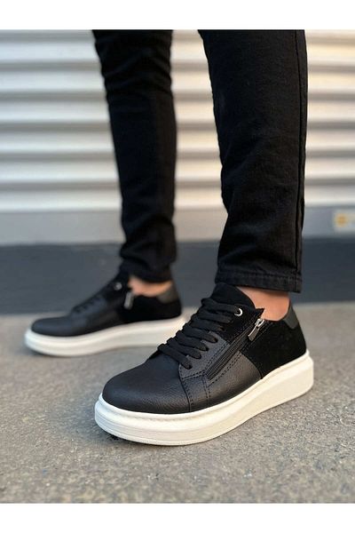 Joy Man Jy155 Warrior Lace-Up and Zipper Skin Suede Men's Casual Sneaker Shoes Csbt - Black