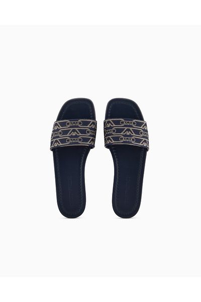 Emporio Armani Women's All Surface Monogram Leather Sole Thin Heel Navy Blue1 Slippers X3P847 Xr381-E616