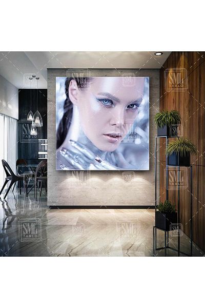 SML TABLO Ice Queen Silver Glitter Μακιγιάζ Μπλε μάτια Μοντέλο Μακιγιάζ Σαλόνι Ομορφιάς Τετράγωνος Πίνακας Καμβά