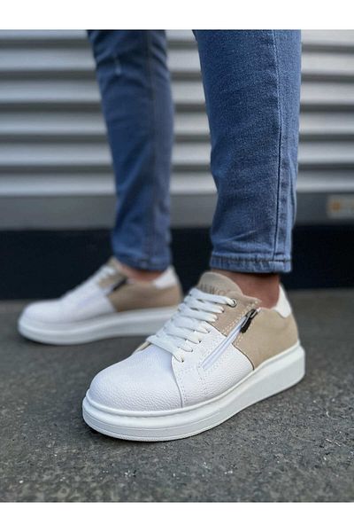 Joy Man Jy155 Warrior Lace-Up & Zip Skin Suede Men's Casual Sneaker Shoes Csbt - White/Cream