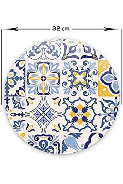 Mu Art Ahşap Mrt Blue Tile Pattern |   Glass Cutting Board (Diameter 32 cm) Art 871301