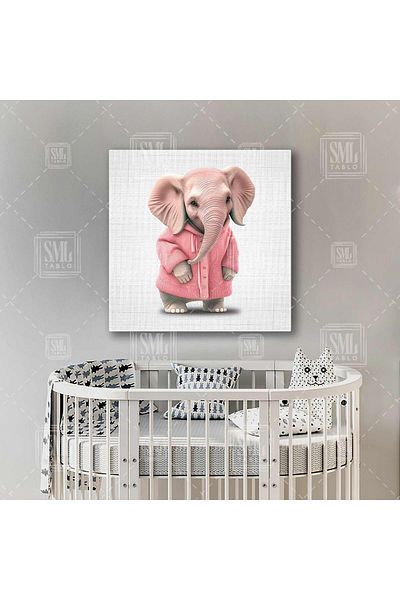 SML TABLO Pictură pătrată pe pânză pentru camera copiilor elefant drăguț cu pulover roz