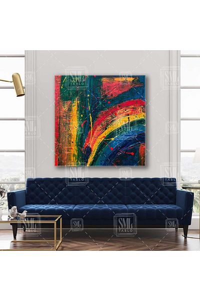 SML TABLO Artă abstractă Semne de pensulă abstractă Culorile primare Pictură pătrată pe pânză